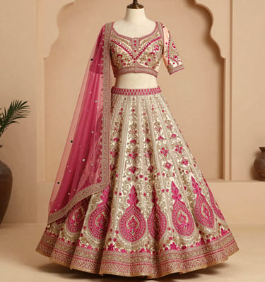 Cream and Pink Embroidered Bridal Lehenga Choli with Traditional Zari Work - Sana Fashion House