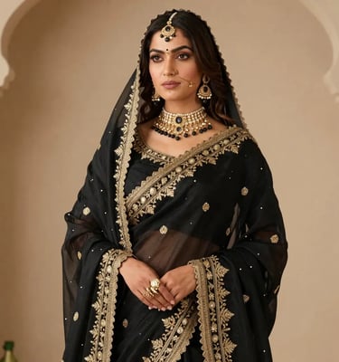 Black Chiffon Embroidered Saree with Gold Zari Border and Pearl Details - Sana Fashion House