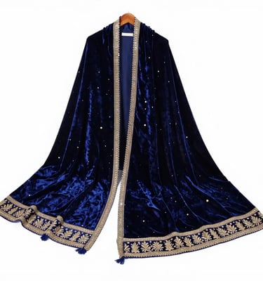 Navy Blue Velvet Shawl with Heavy Gold Embroidered Border and Tassels - Sana Fashion House