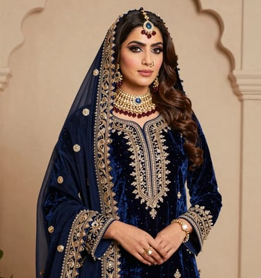Blue Velvet Bridal Dress with Heavy Embroidery and Traditional Jewelry - Sana Fashion House