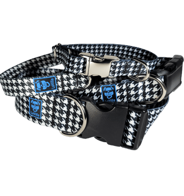 A Houndstooth patterned Dog collar with chrome and black buckles