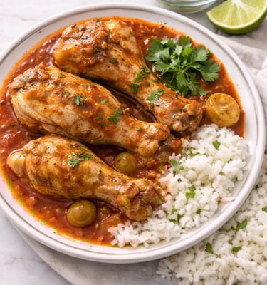 Puerto Rican pollo guisado chicken stew with rice, olives, and sofrito sauce on a white plate