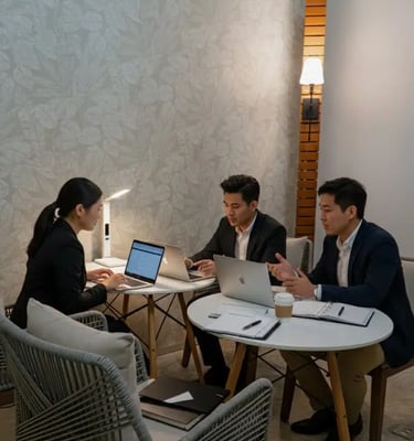 a group of people sitting around a table