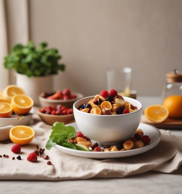 A white bowl of  fresh berries, served with oranges and mint for a healthy breakfast.