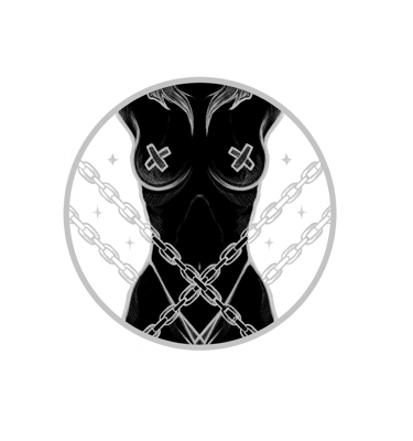 a black and white drawing of woman torso with chains