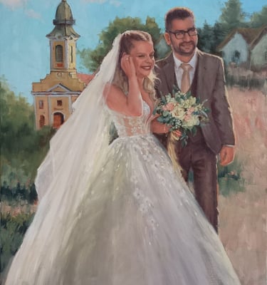 European wedding painting of a bride and groom with a church in the background