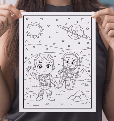 a woman holding a coloring book with a drawing of a cartoon character