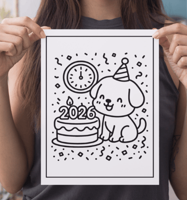 a woman holding up a card with a dog and a cake
