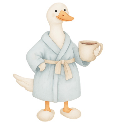 a duckling in a rober and a cup of coffee