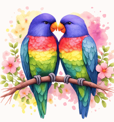 two colorful parrots sitting on a branch of a tree