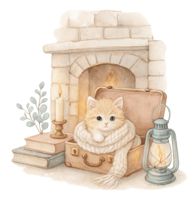 a cat sitting on a suitcase with a lantern