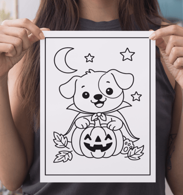 a woman holding a halloween coloring page for a coloring page