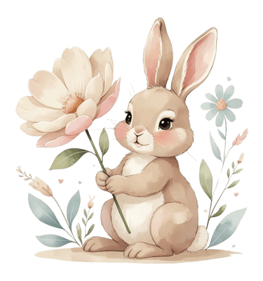 Cute bunny holding a large white flower, surrounded by small pastel blossoms and leaves, soft waterc
