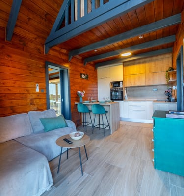 a living room with a couch and a table and counter
