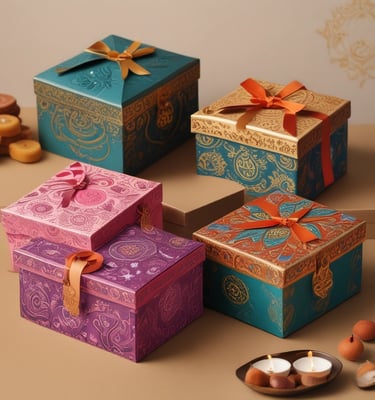Close-up of elegant jewelry packaging with textured paper and gold foil accents.