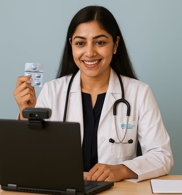 Dr. Divya smiling in a white coat, holding abortion pills