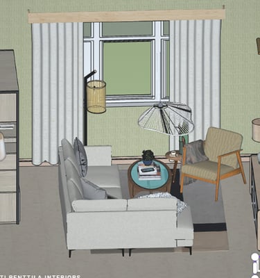 Modern 3D living room design with a grey sectional sofa, mid-century armchair, and stylish floor lamps.