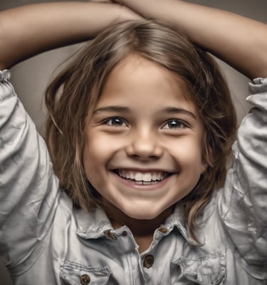 petite fille qui sourit et place ses bras au dessus de sa tête