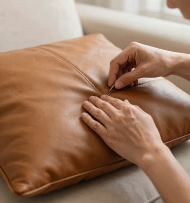 A high-detail photography close-up of a technician's hands expertly stitching a high-quality tan leather sofa cushion. The setting is a bright, upscale North American home. The lighting is soft and natural, emphasizing the professional craftsmanship and sophisticated texture of the materials.
