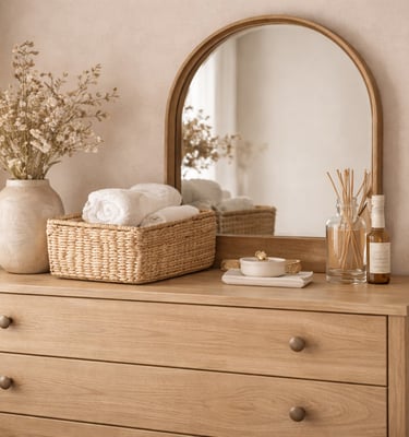 Small bedroom with soft beige bedding and textured pillows