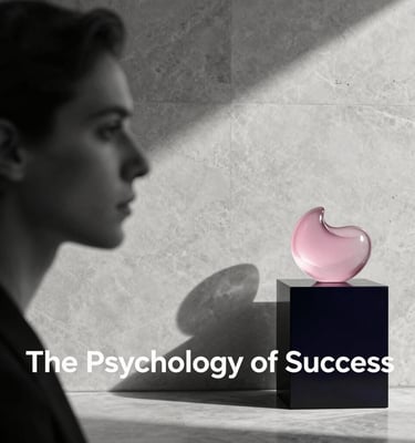 A pink glass sculpture on a black pedestal with the text Psychology of Success and a blurred profile.