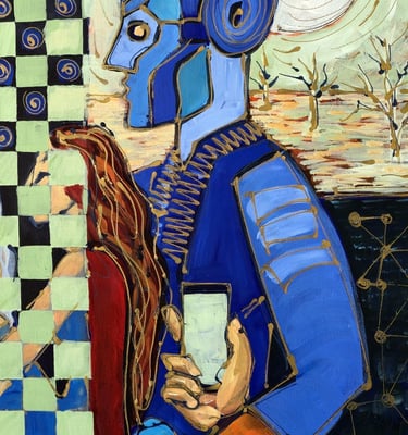 Figuratives Gemälde mit Symbolen für Zeit (Sanduhr) und Sterne, feine weiße Linien.