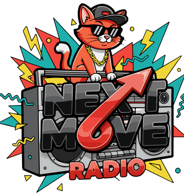 Next Move Radio logo. A cat with a hat and sunglasses on a radio.