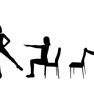 Black silhouettes of a woman performing seated and standing chair yoga exercises for office stretching.