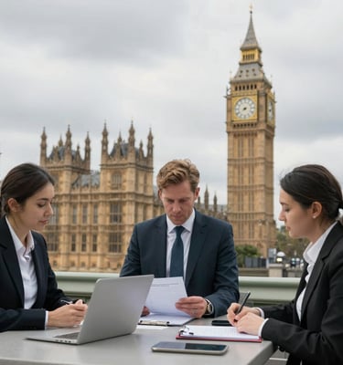 Professionals working in London with Big Ben view, illustrating a UK work permit for skilled workers.
