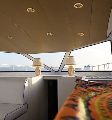 a couch and a table in a boat