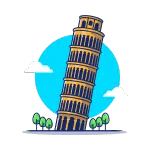 Flat vector illustration of the leaning Tower of Pisa in Italy with clouds and trees.