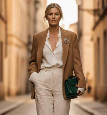 Woman wearing a tan blazer draped over her shoulders with white linen trousers and a green handbag
