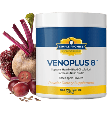 Simple Promise VenoPlus 8 nitric oxide powder supplement container with beets, grapes, and pomegranate.