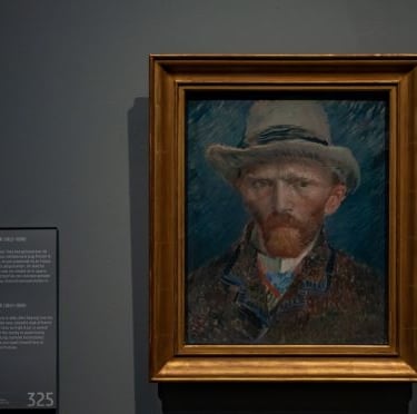 Vincent van Gogh self-portrait oil painting with a grey felt hat in a gold frame.