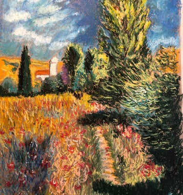CBM Art French Scene in the style of Van Gogh oil pastel