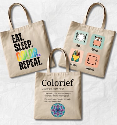 trio of tote bags with coloring related images and phrases