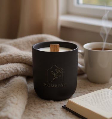 Black scented candle in matte vessel on bedside table
