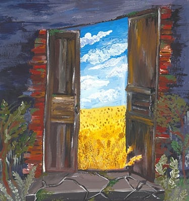 painting with a open doors showing a blue sky and ripe wheat, the flag of Ukraine