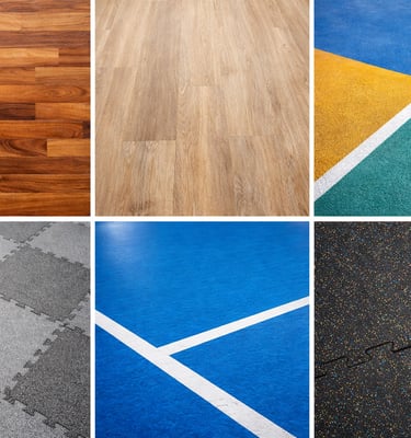 A collage showing various gym flooring options including hardwood, vinyl, and rubber tiles.