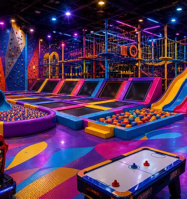 Indoor family entertainment center with trampolines, neon slides, arcade games, and a ninja warrior course.