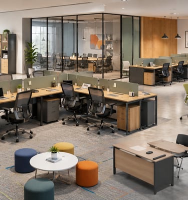 Modern open-plan office interior with ergonomic workstations, collaborative meeting areas, and modular furniture.