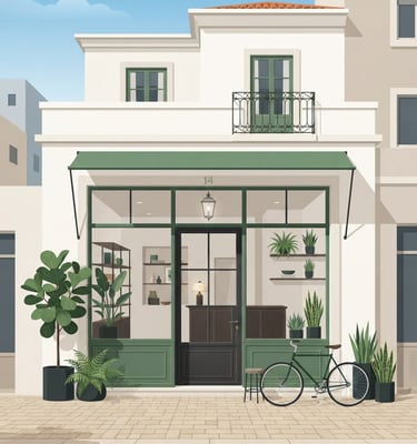 A premium flat vector illustration of a modern Portuguese storefront with clean geometric lines, soft forest green plants, and elegant minimalist details