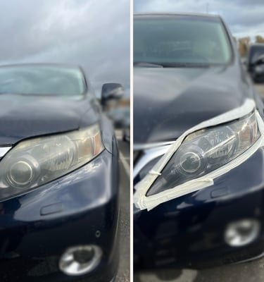 Automobilio žibintas prieš ir po poliravimo – aiškus skirtumas tarp matinio ir skaidraus paviršiaus 