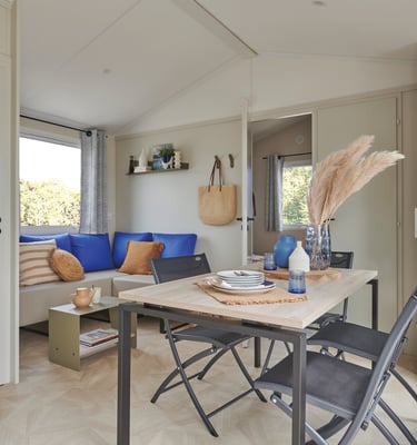 Salon spacieux et lumineux dans notre mobil-home Les Dunes à Sarzeau. Idéal pour se détendre en famille. #locationvacances #m
