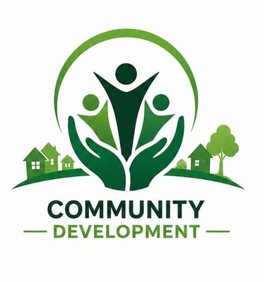 Community development logo featuring green figures and houses supported by hands.