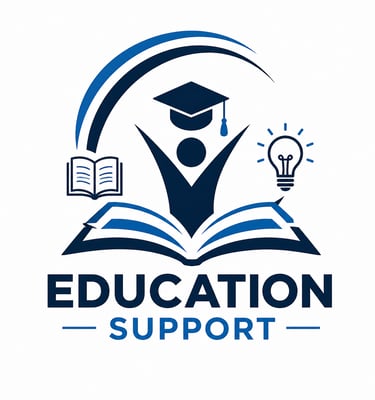 Education Support logo featuring a graduate student figure, open books, and a lightbulb idea icon in blue.