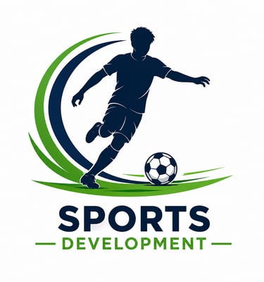 Sports development logo featuring a soccer player silhouette kicking a ball with green swoosh accents.