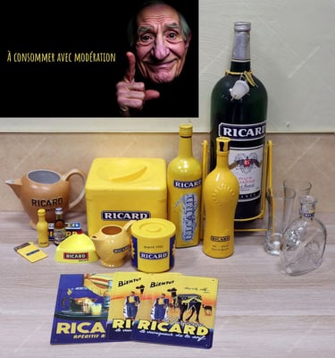 Collection Ricard, verre, pichet, carafe, seau à glaçon, bouteille, cendrier, briquet, publicité, plaque émaillée.