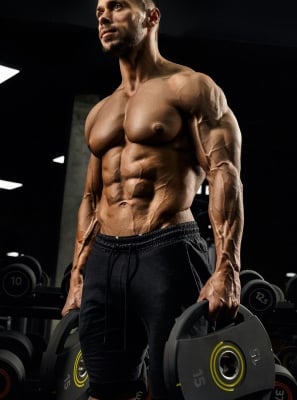 a man with a muscular body and a dumbbell