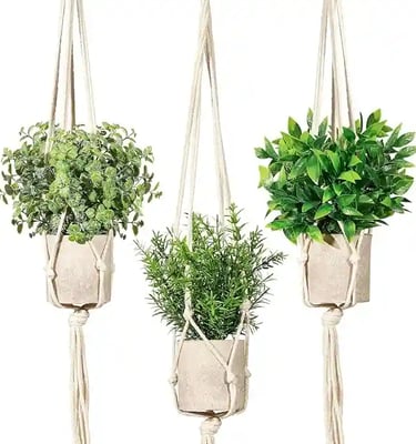 Boho Mini Artificial Hanging Plants 3-Pack – Faux Greenery with Macramé Hangers – Decorative Plants 